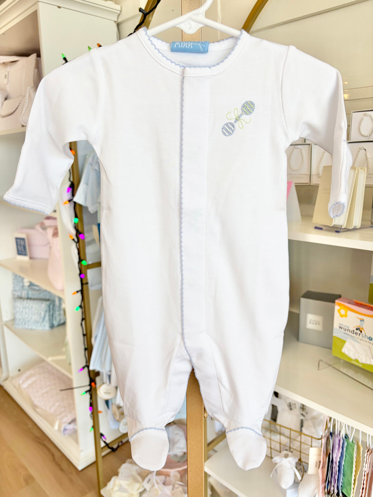 Blue Rattle Hand-Stitched Footie