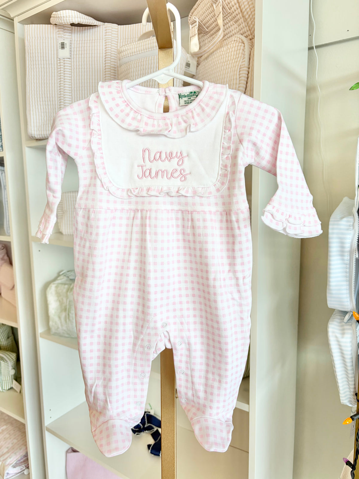 Pink Check Collar Footie - Bubbly Font Name