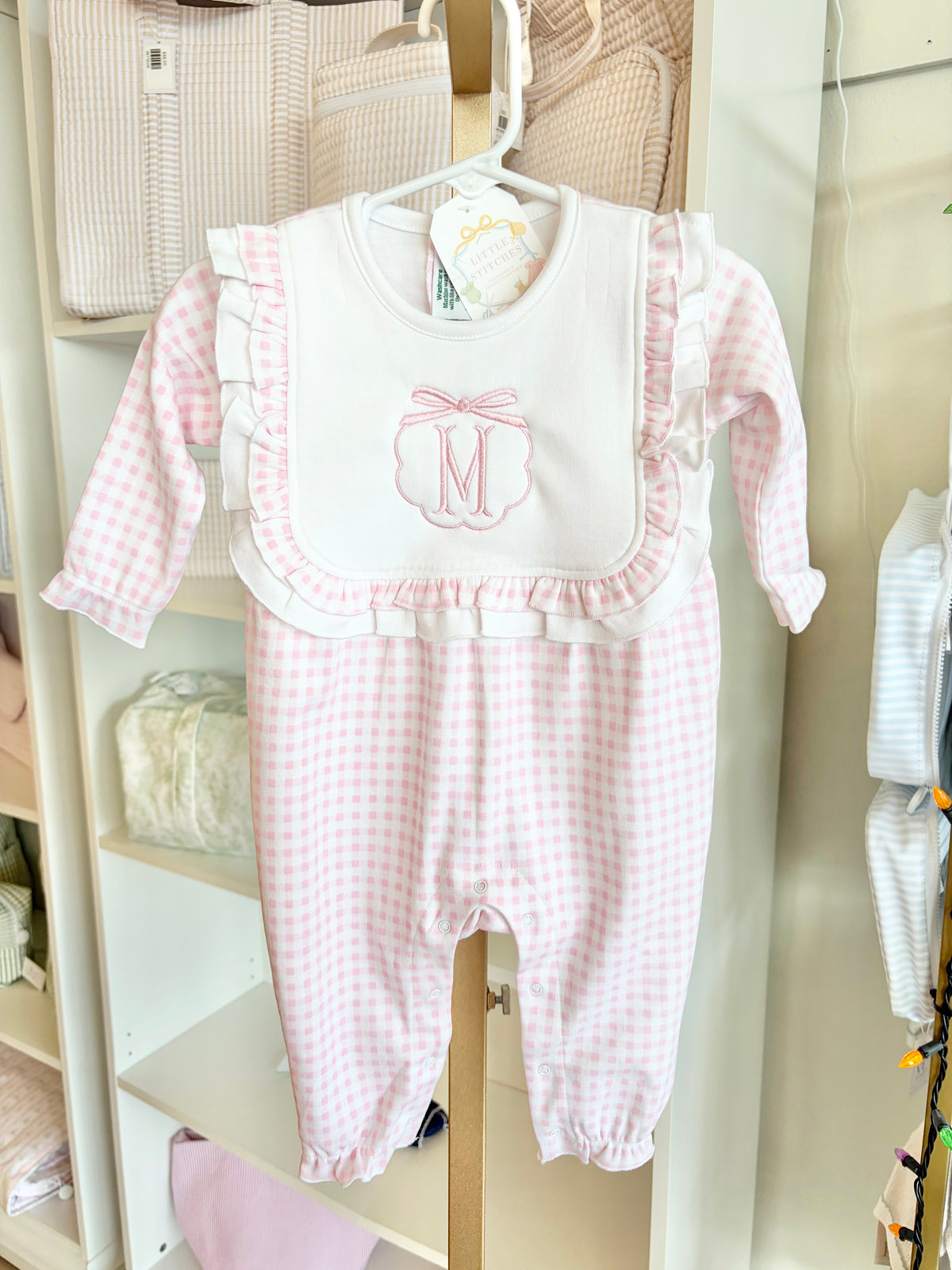 Pink Check Ruffle Bib Romper - Initial Bow Crest