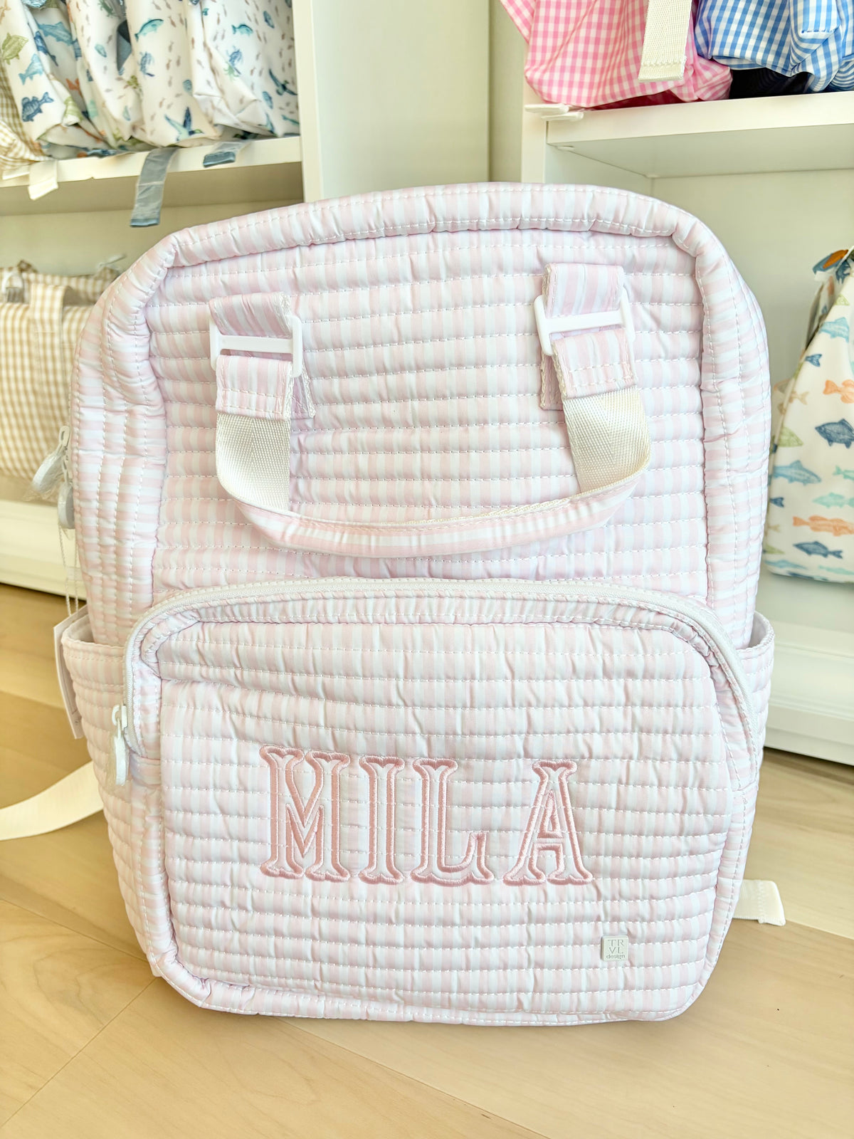 TRVL Pink Stripe All You Need Bag - Benny Font (5 Letters Max)