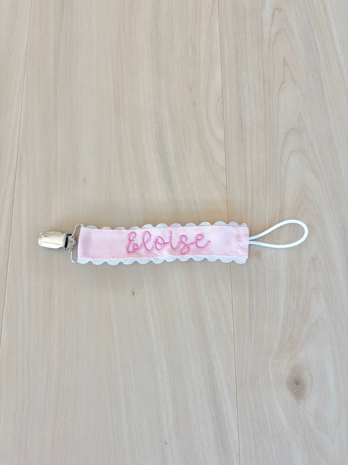Pink Grosgrain Paci clip with Single Name