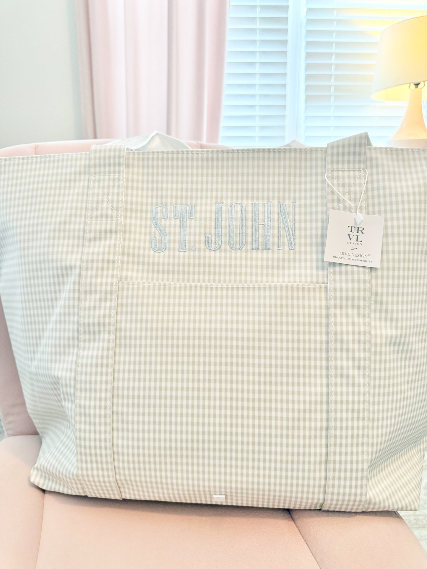 Gingham Pearl Grey Tote  With Light Blue Name
