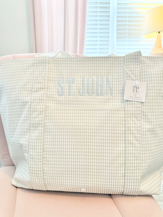 Gingham Pearl Grey Tote  With Light Blue Name