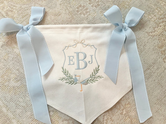 Embroidered Boy Stork Banner in Blue & Green