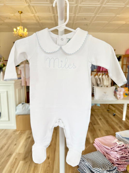 White with Blue Trim Collar Footie
