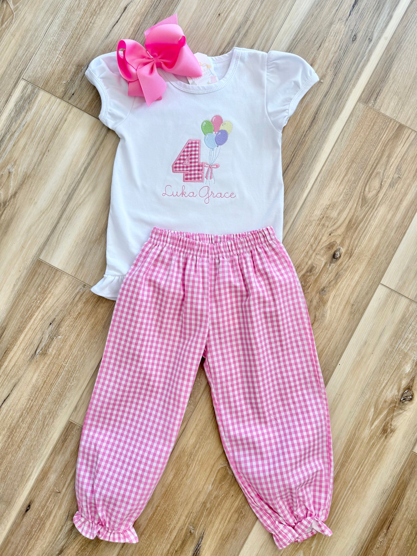 Pink Gingham Birthday Applique Balloon Tee- Short Sleeve