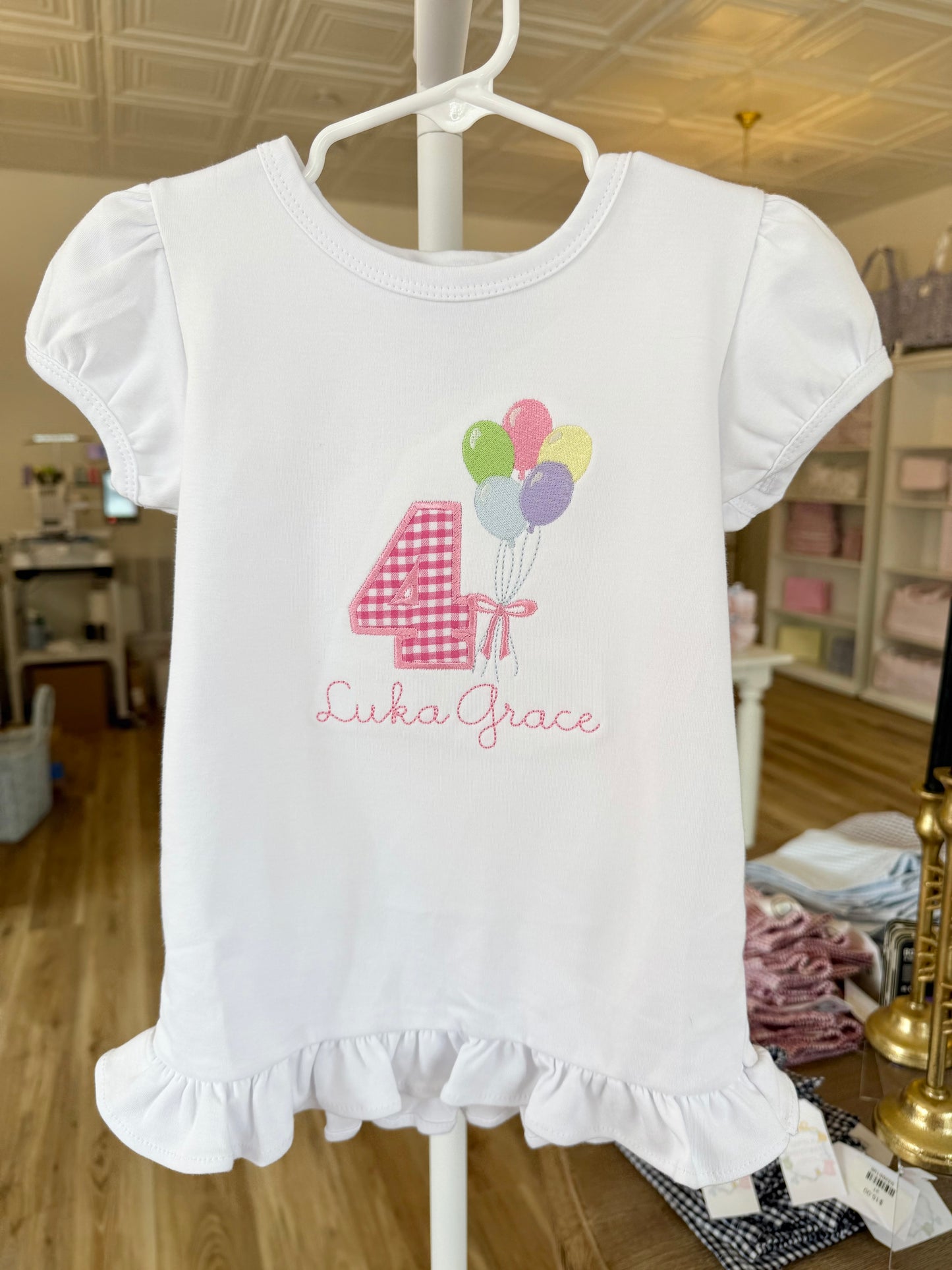 Pink Gingham Birthday Applique Balloon Tee- Short Sleeve