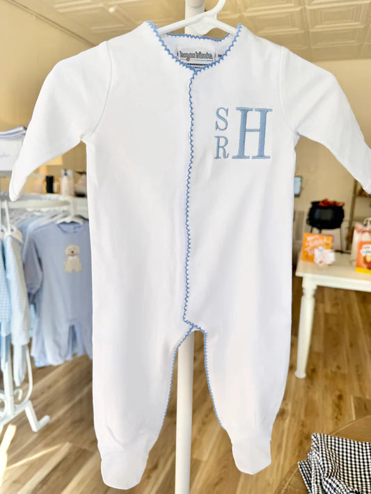 Blue Trim Footie - Stacked Block Monogram