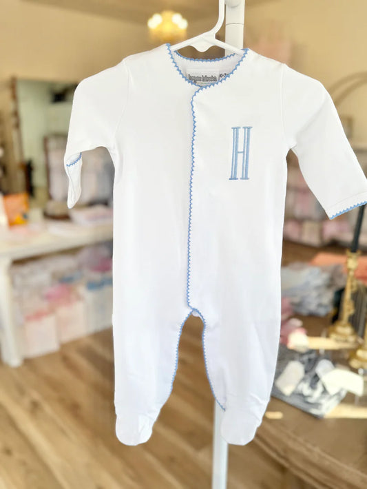 Blue Trim Footie - Graved Single Monogram