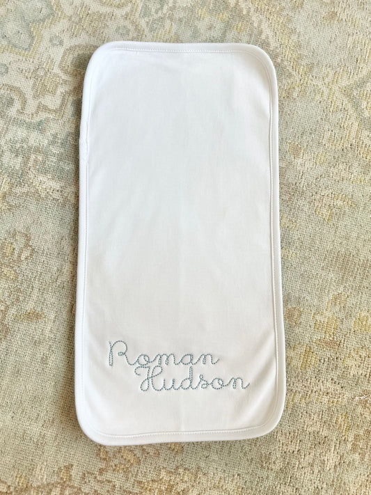 Solid White Burp Cloth Name in Blue