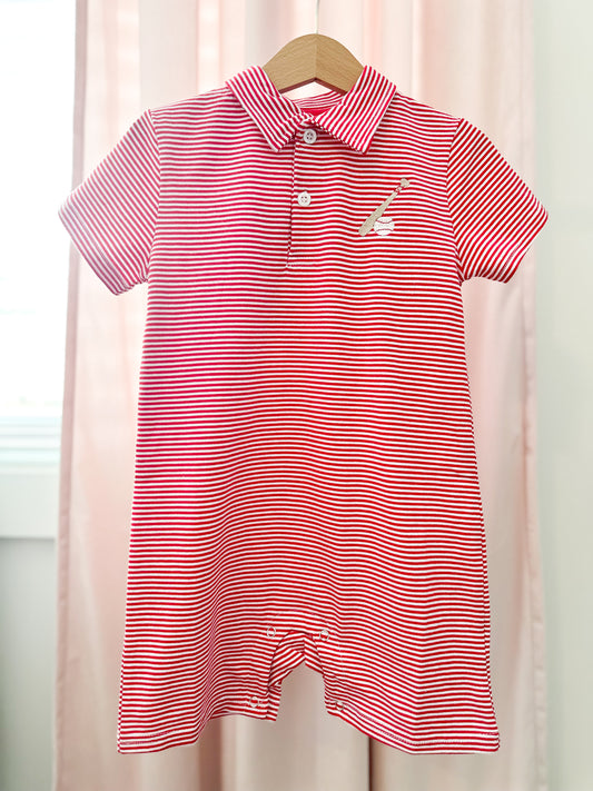 Red Stripe Baseball Polo Collar Romper