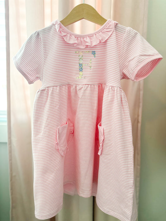 Floral Initial Pink Stripe Ruffle Dress