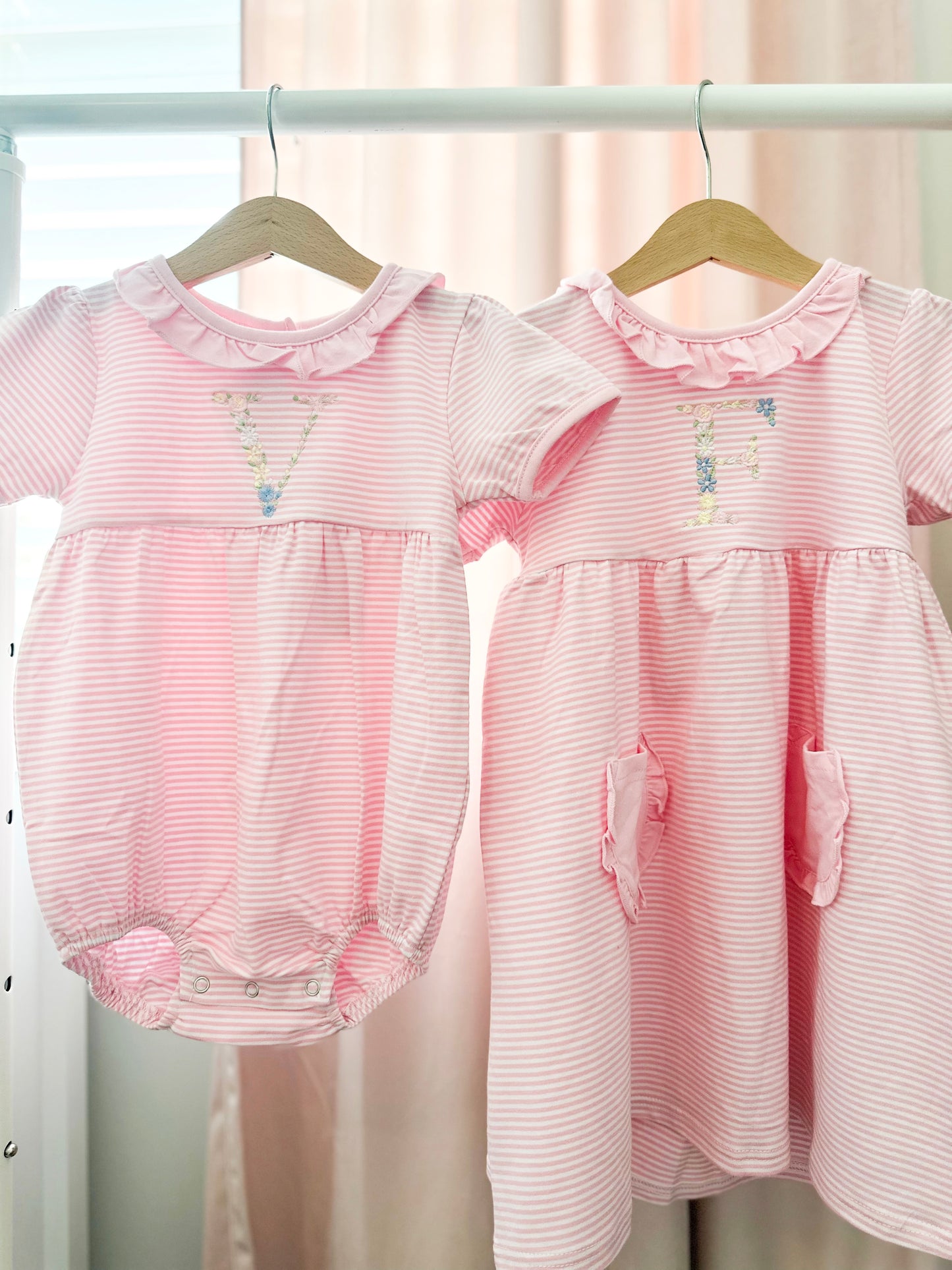 Floral Initial  Pink Stripe Ruffle Bubble