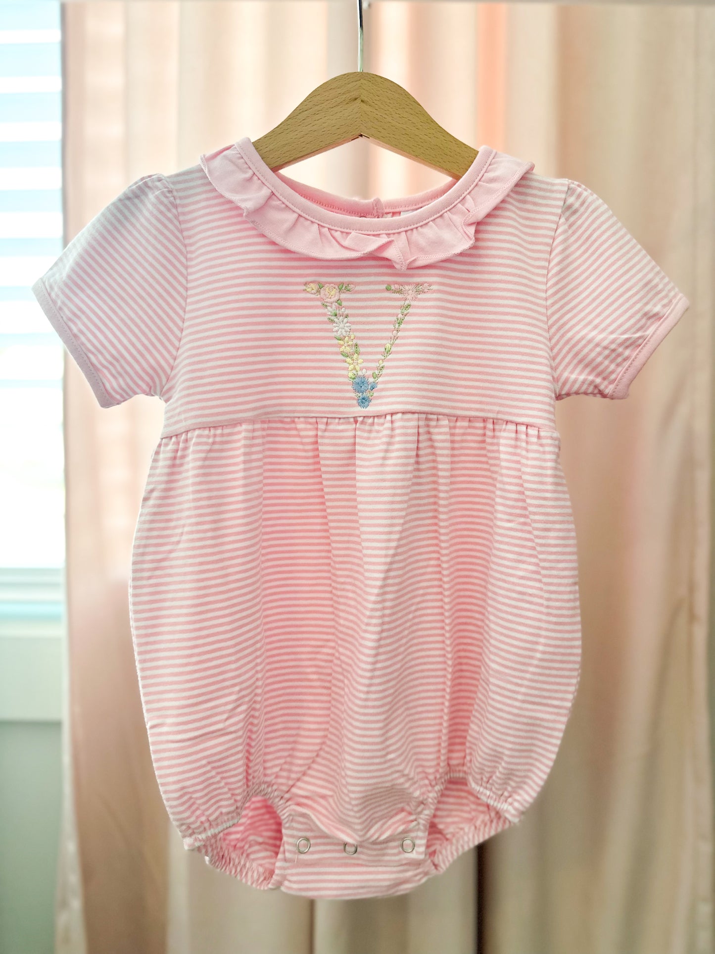 Floral Initial  Pink Stripe Ruffle Bubble