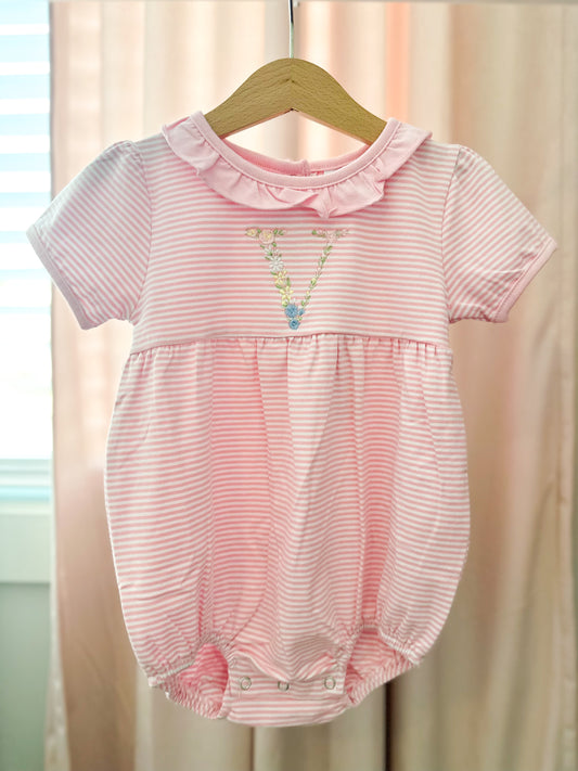 Floral Initial  Pink Stripe Ruffle Bubble