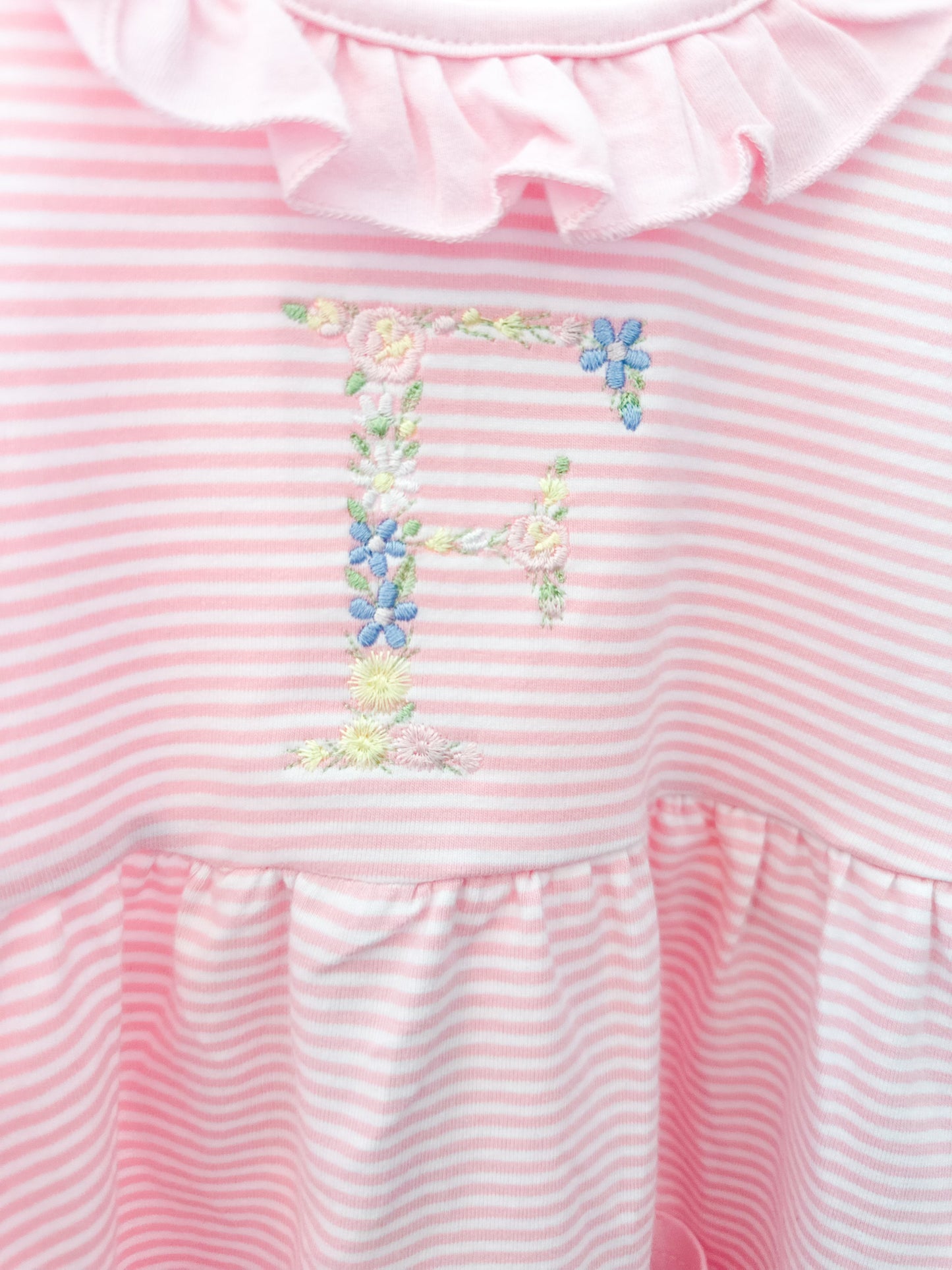 Floral Initial Pink Stripe Ruffle Dress