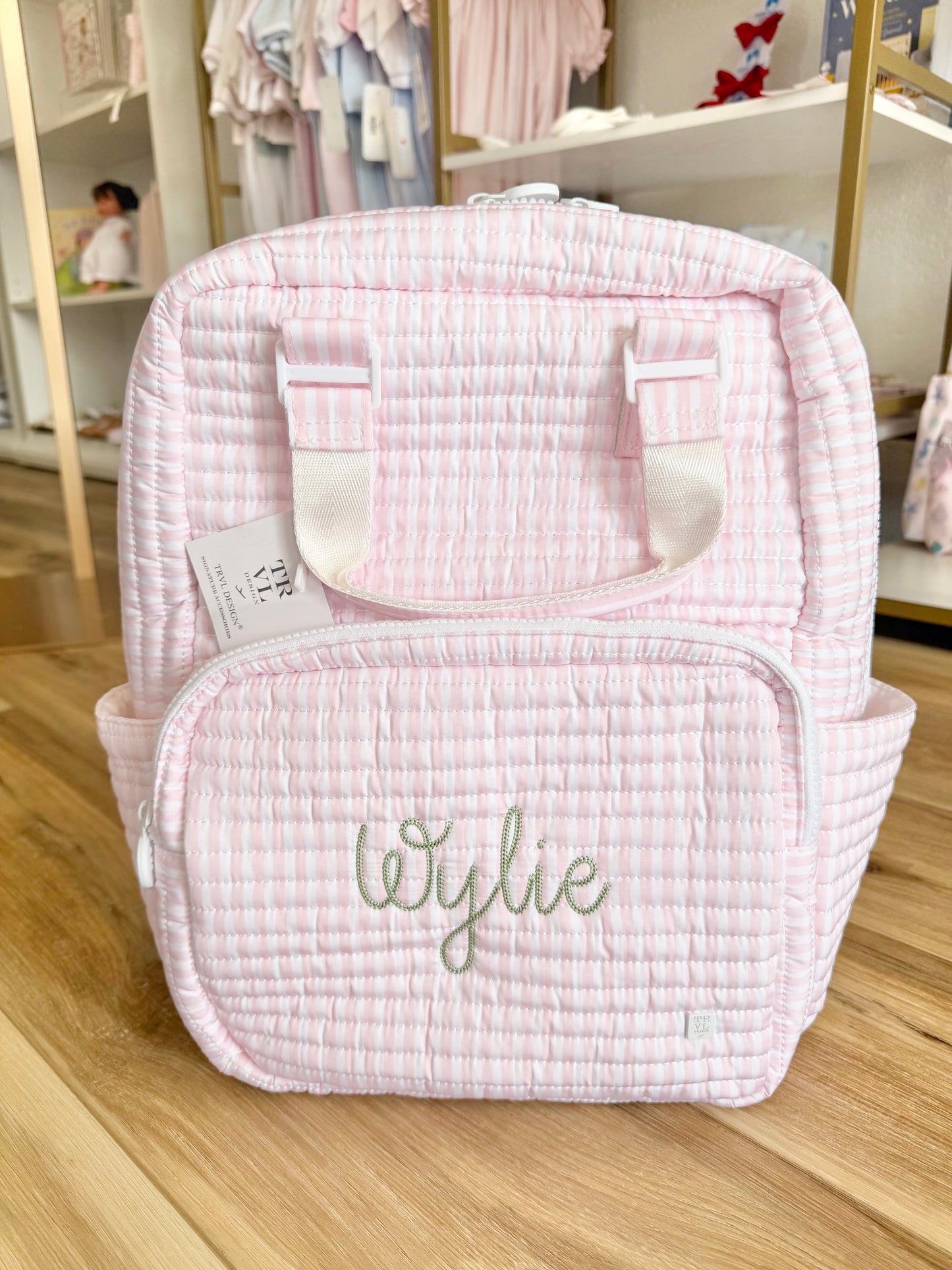 TRVL Pink Pimlico Stripe Quilted All You Need Bag- Sawyer Font Name in Sage