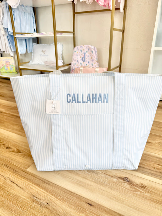 TRVL XL Blue Pimlico Stripe Tote- Bebas Font Name