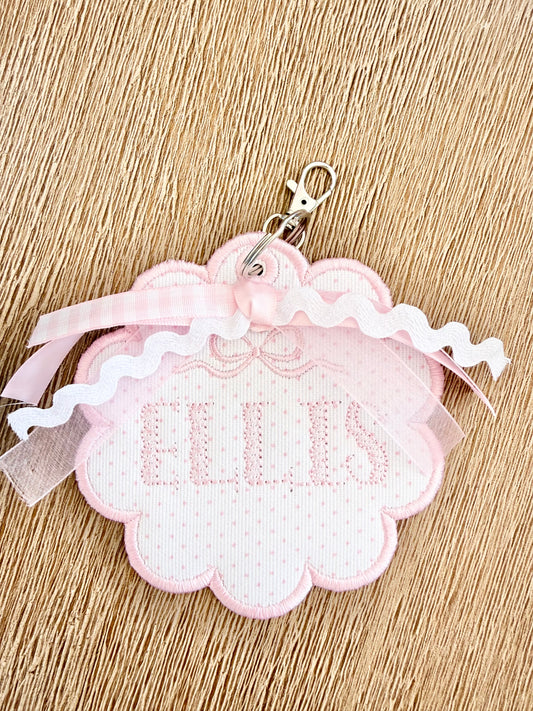 Pink Bow Bitty Dot Scalloped Bag Tag