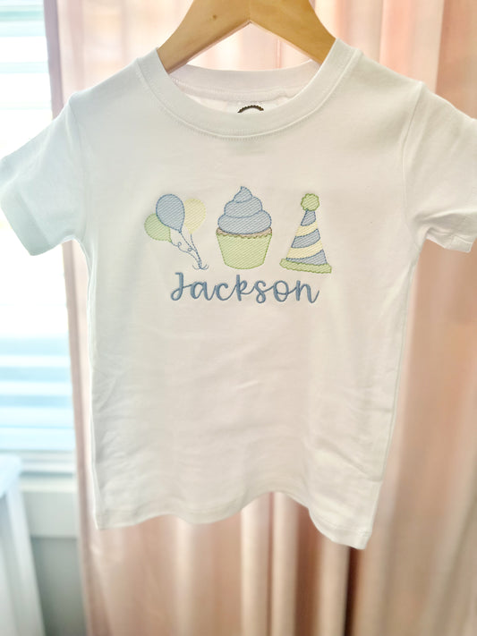 Balloons, Cupcake, Party Hat Trio Tee in Blues and Greens