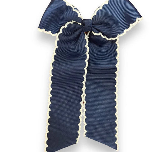 Long Tail Navy with White Trim Hair Embroidered Hair Bow