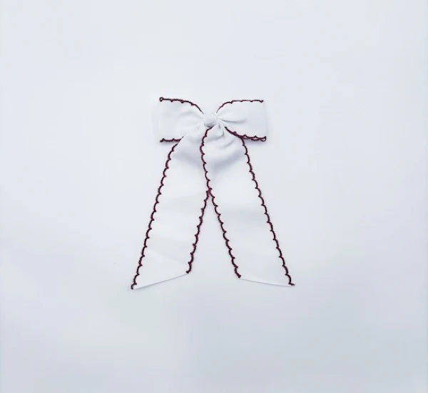 Long Tail White with Maroon Trim Hair Embroidered Hair Bow