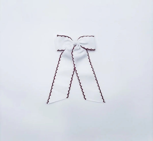 Long Tail White with Maroon Trim Hair Embroidered Hair Bow