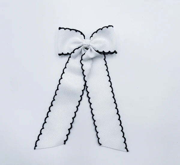 Long Tail White with Navy Trim Hair Embroidered Hair Bow