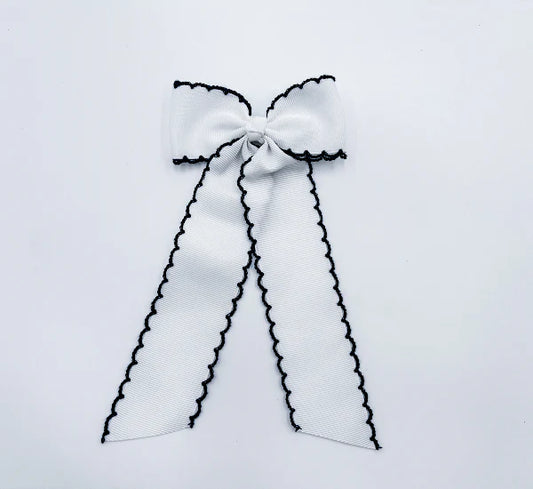 Long Tail White with Navy Trim Hair Embroidered Hair Bow