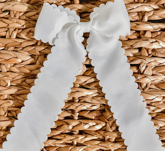 Long Tail White Scallop Hair Embroidered Hair Bow
