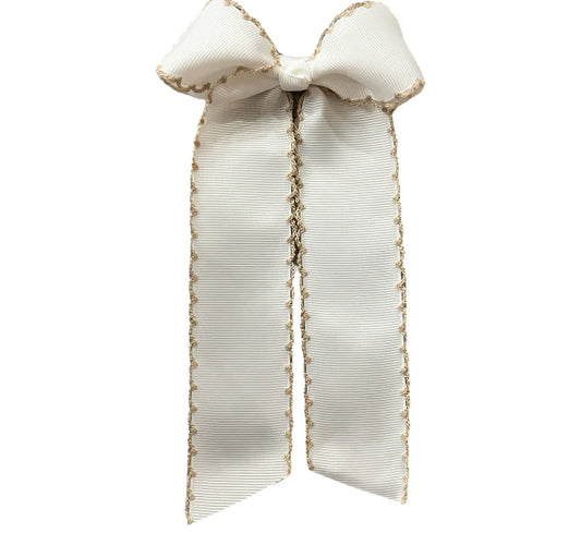 Long Tail White with Tan Trim Hair Embroidered Hair Bow