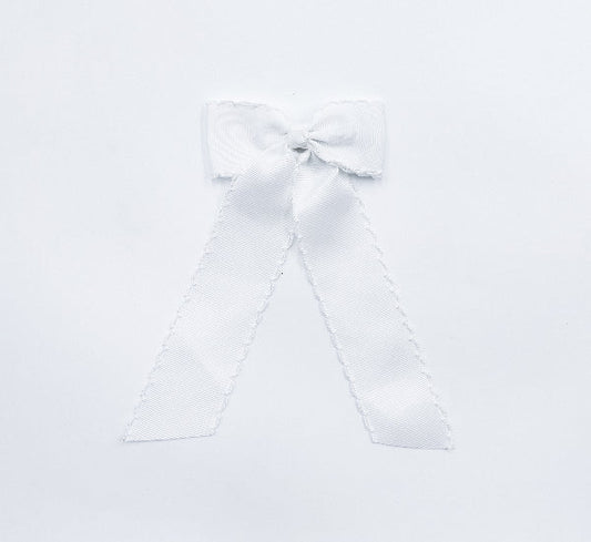 Long Tail White with White Trim Hair Embroidered Hair Bow