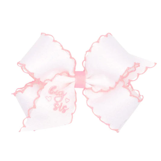 wee ones "Big Sis" Embroidered Grosgrain Hair Bow with Light Pink Moonstitch Edge