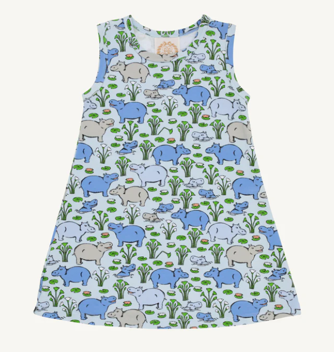 The Beaufort Bonnet Company Sleeveless Polly Play Dress - Bal Harbour Hippo (Beale Street Blue)