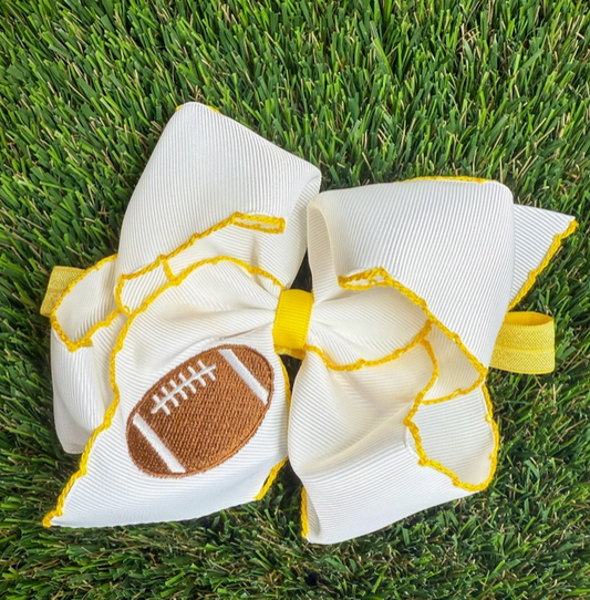 Yellow Football Embroidered Moonstitch Hair Bow with Clip