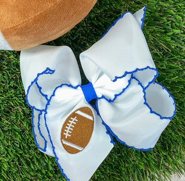 Blue Football Embroidered Moonstitch Hair Bow with Clip