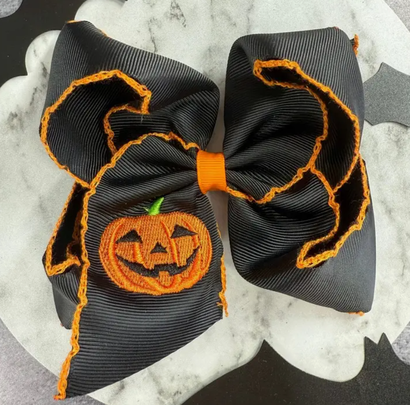 Jack-O-Lantern Embroidered Moonstitch Hair Bow with Clip