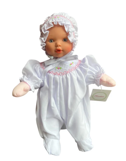 10" Eliza Doll With Blue Eyes In White Smocked Footie