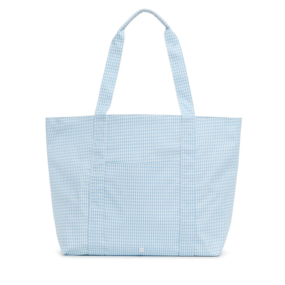 Gingham Mist Tote- Two Letter Pink Floral Appliqué