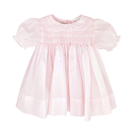 Soft Pink Fully Smocked Dress with Lace