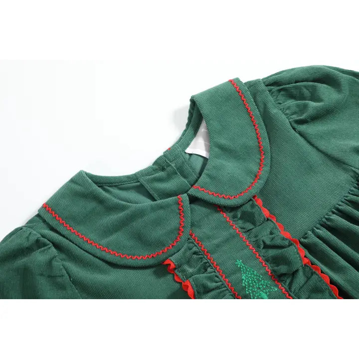 Green Corduroy Christmas Tree Ruffle Dress
