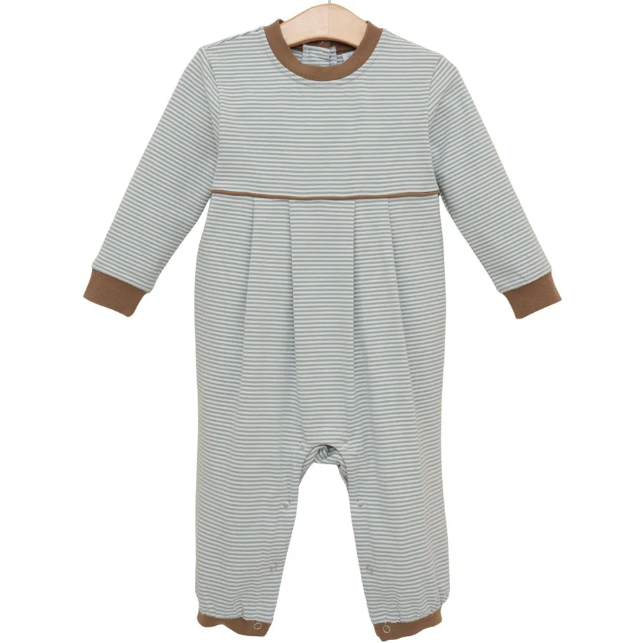 Patrick Romper- Dusty Sage Stripe/Light Brown