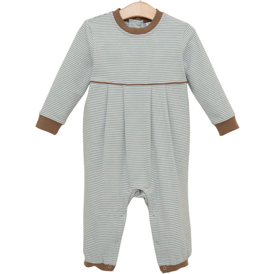 Patrick Romper- Dusty Sage Stripe/Light Brown