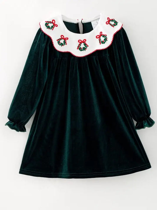 Green Velvet Christmas Wreath Collar Dress