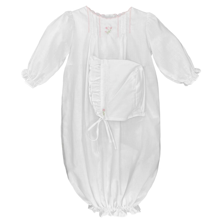 Newborn Petit Ami White Flower Embroidered Heirloom Gown & Bonnet