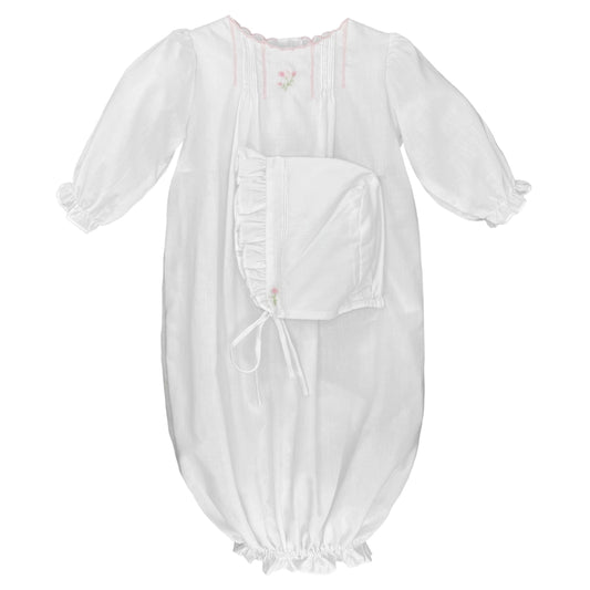 Newborn Petit Ami White Flower Embroidered Heirloom Gown & Bonnet