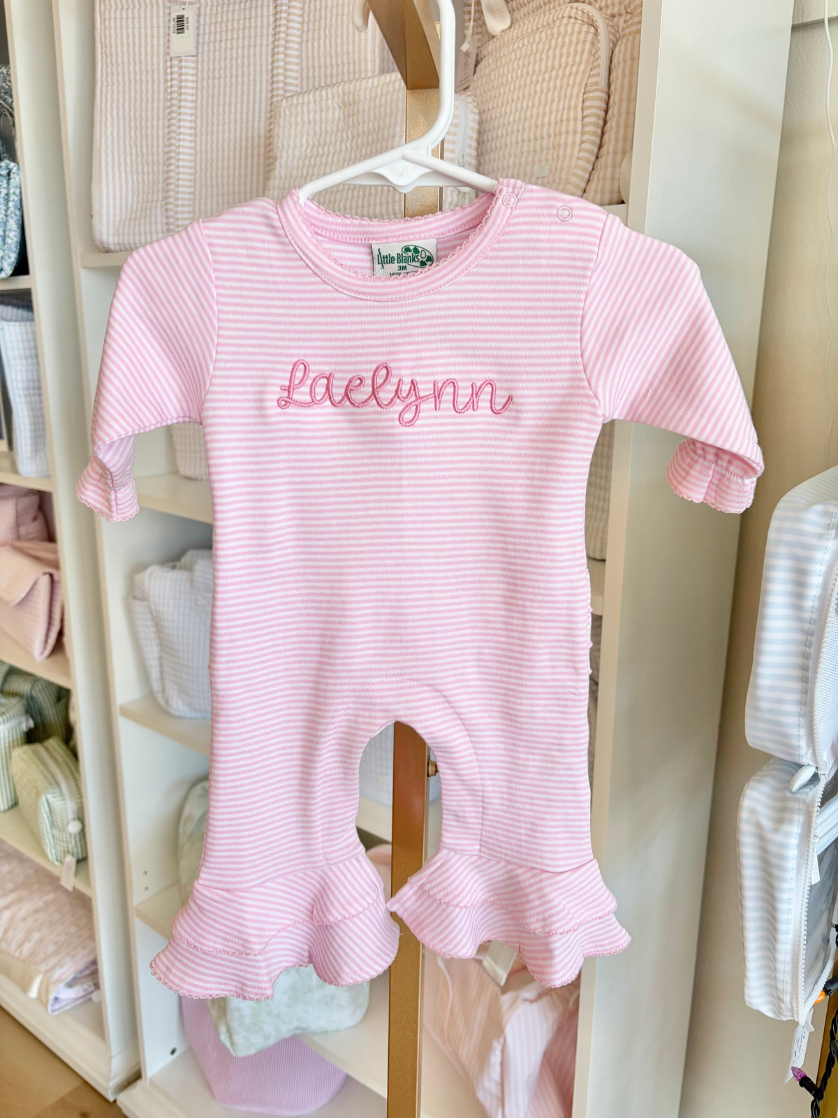 Pink Stripe Ruffle Booty Romper- Bubbly Font Name