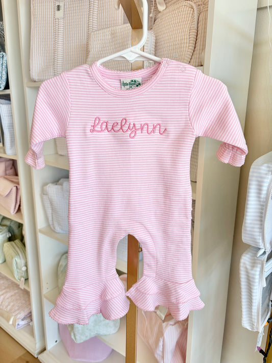 Pink Stripe Ruffle Booty Romper- Bubbly Font Name