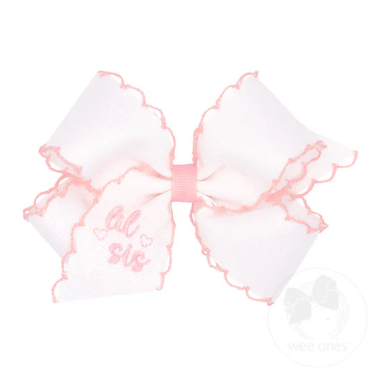 wee ones Medium "Big Sis" Embroidered Grosgrain Hair Bow with Light Pink Moonstitch Edge